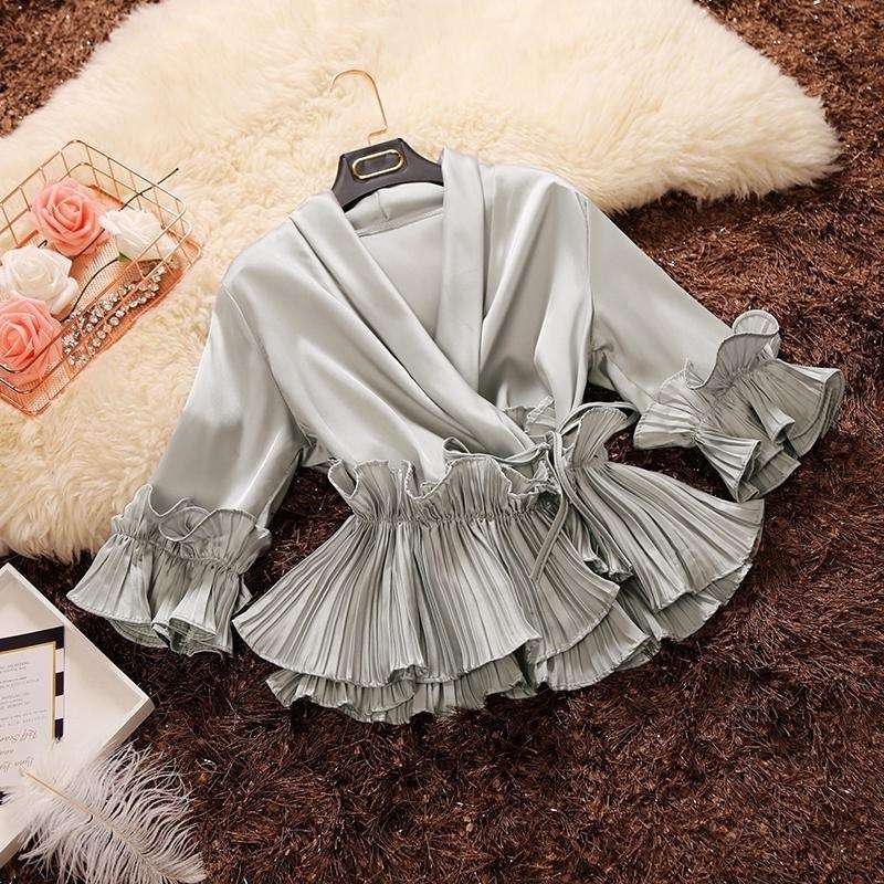 Pleated ruffled lace chiffon shirt women