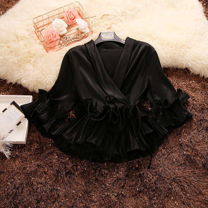 Pleated ruffled lace chiffon shirt women