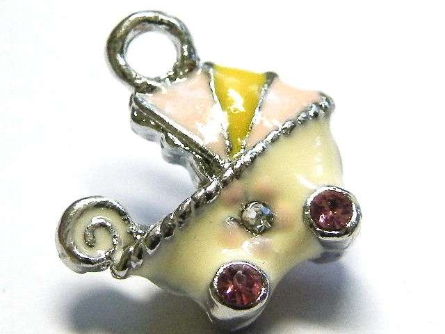 Cream & pink cloisonne stroller charm, 17mm nickel silver