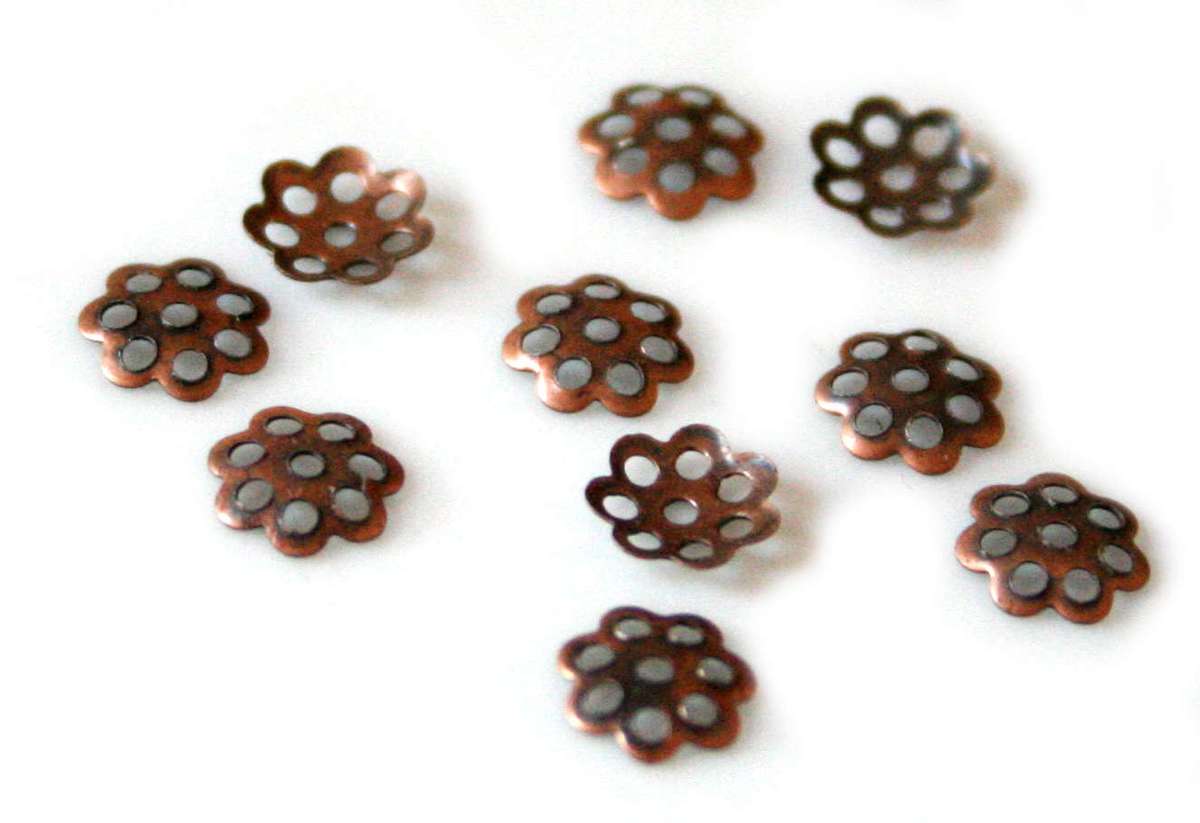 10 bead caps,  copper color, small flower, 6mm