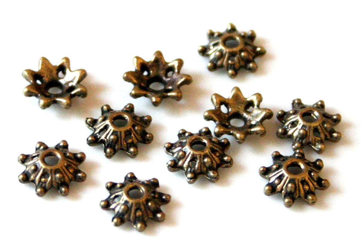 Packet of 10 bead caps flower receptacle design, bronze color, 9mm