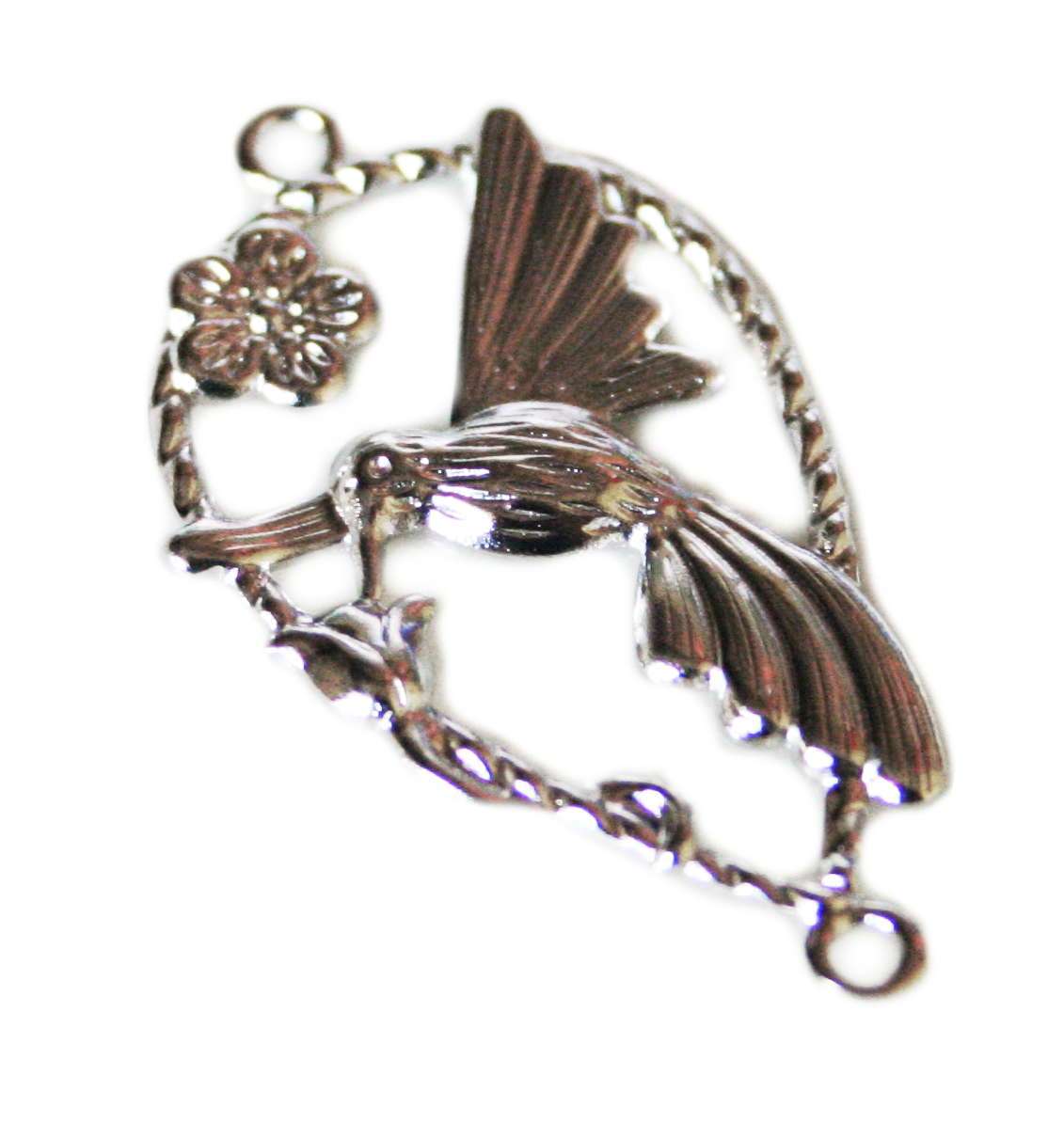 2 x Nickel free bird & flower pendant / spacer, 38mm - Silver Hills 0.01kg