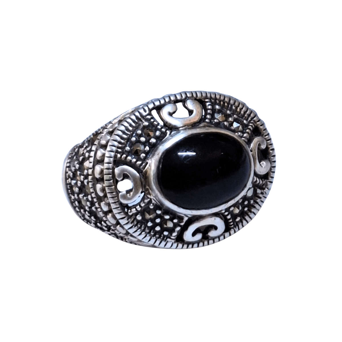 Ring w Onyx & Marcasite, in 925 silver, size 7