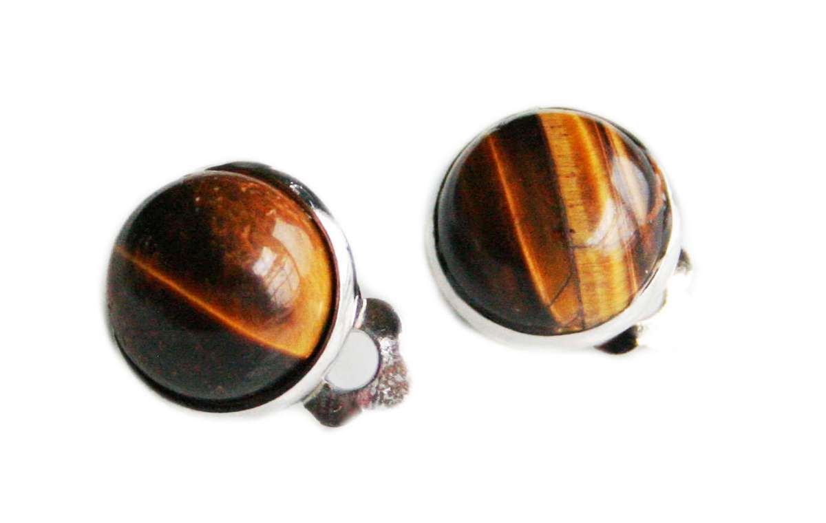 Round Tiger Eye earrings, clip-on, 14mm