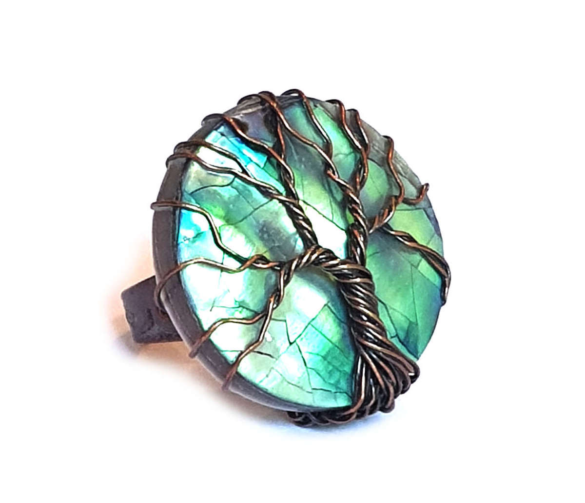 Round Paua Shell dress ring, tree-of-life, adjustable - Silver Hills 0.01kg