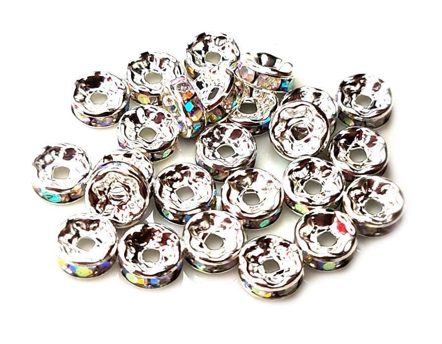 10 x Round rondelle w AB rhinestones, 8mm