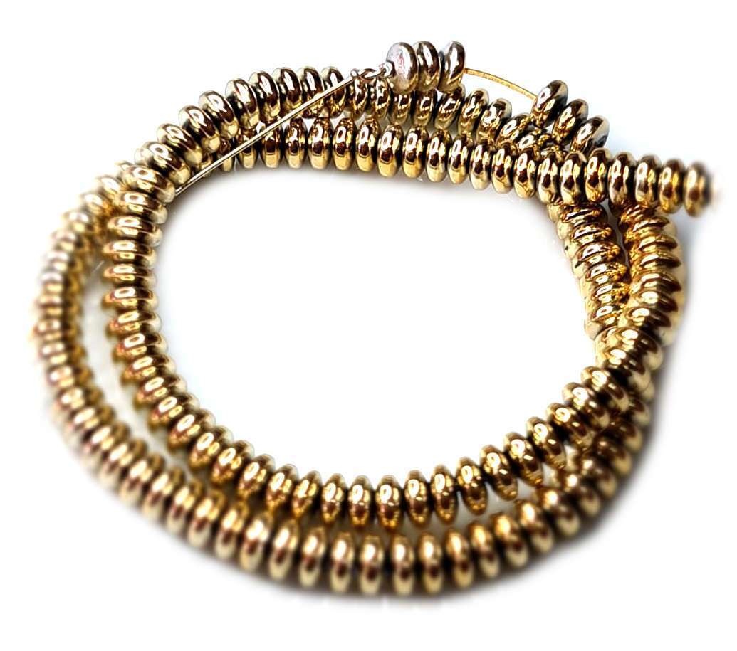 Hematite bead string, rondelle, 3x6mm, gold plated, 40cm