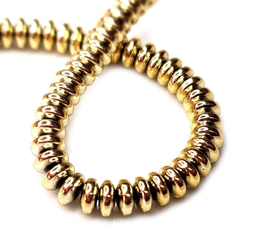Hematite bead string, rondelle, 3x6mm, gold plated, 40cm