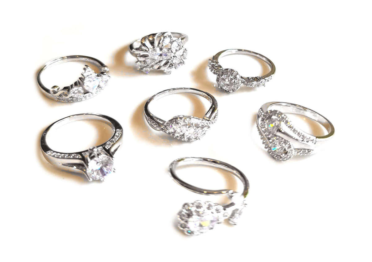 Stainless steel ring w CZ, assorted sizes, rhodium plated