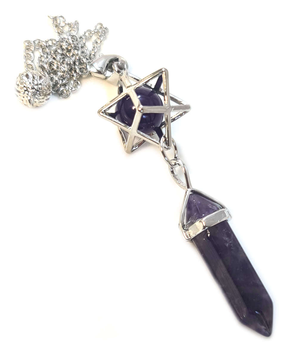 Amethyst merkaba star & point pendulum w chain, 74mm
