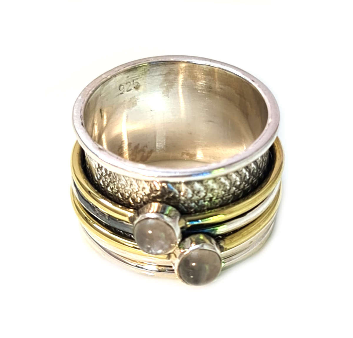 Swirl spinner ring w Moonstones in 925 silver, Size 7