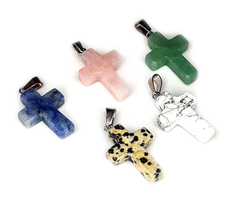 Gemstone cross pendant, assorted, 37mm incl. bail
