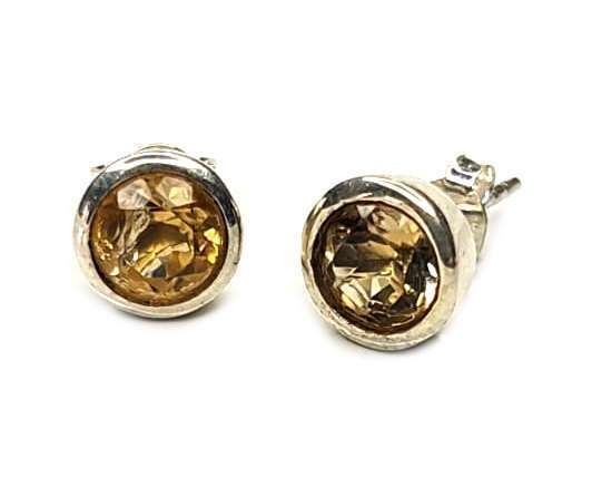 Citrine stud earrings in 925 silver, round, 8mm
