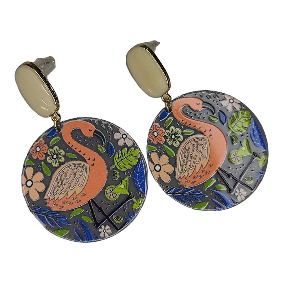 Fashion earrings w 925 silver pin, flamingo, 66mm