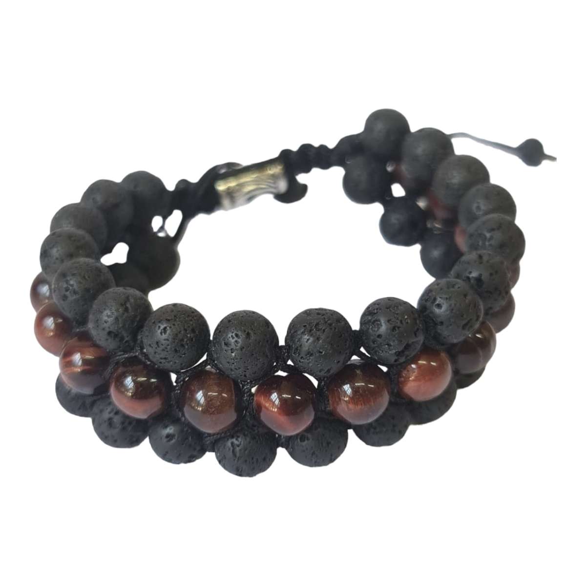 Red Tiger Eye & lava bracelet, 3 row, adjustable