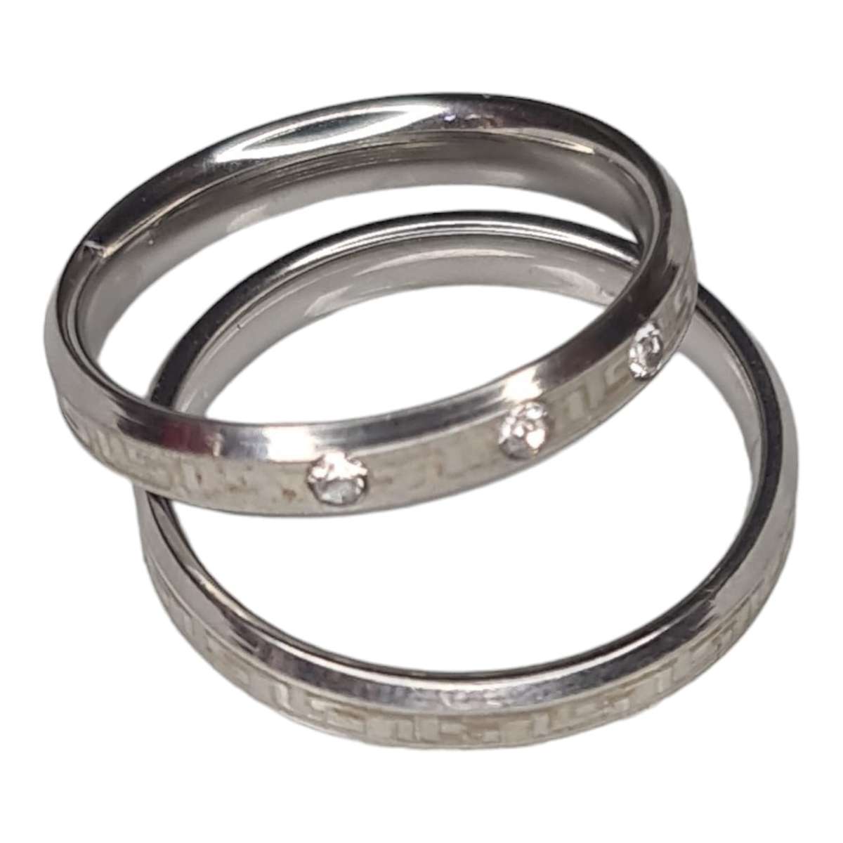 Double ring set, stainless steel, Greek design w rhinestones, ass. sizes