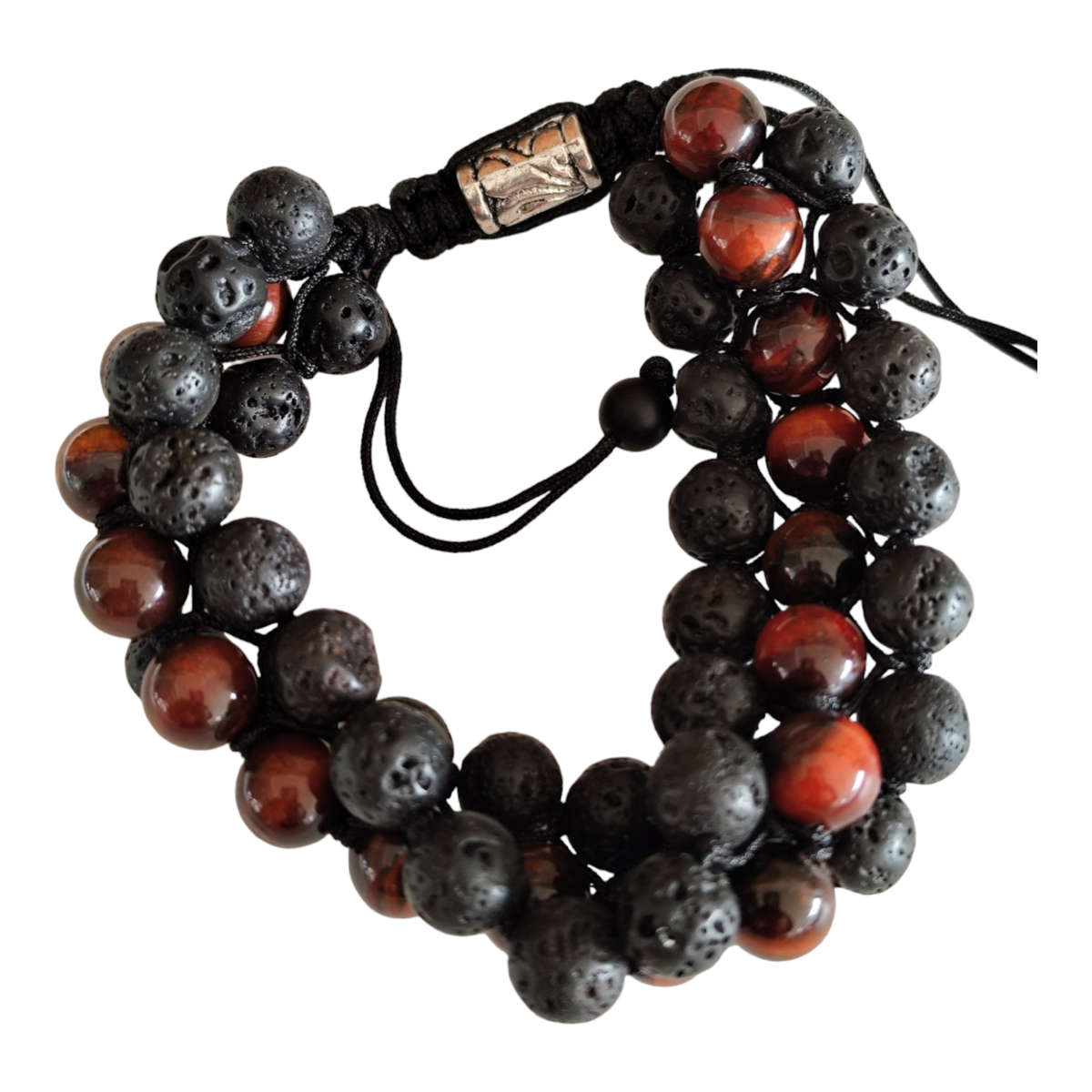 Red Tiger Eye & lava bracelet, 3 row, adjustable
