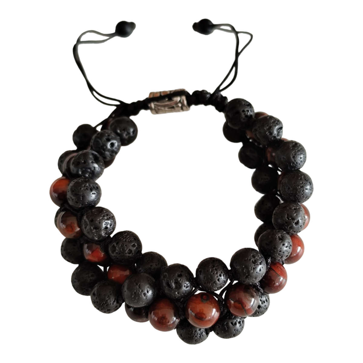 Red Tiger Eye & lava bracelet, 3 row, adjustable