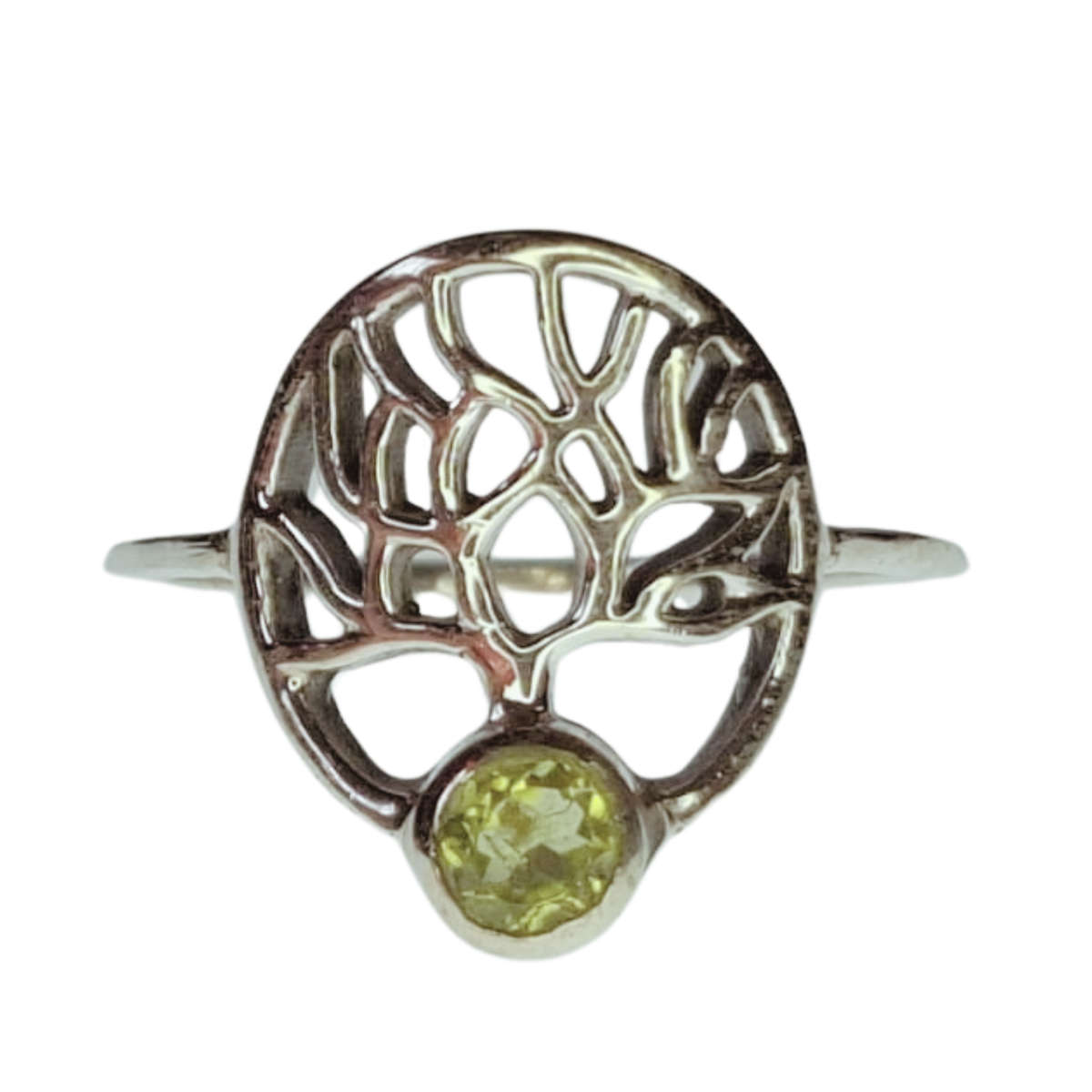 Tree with Peridot gemstone ring in 925 silver, round, marquise, size 7