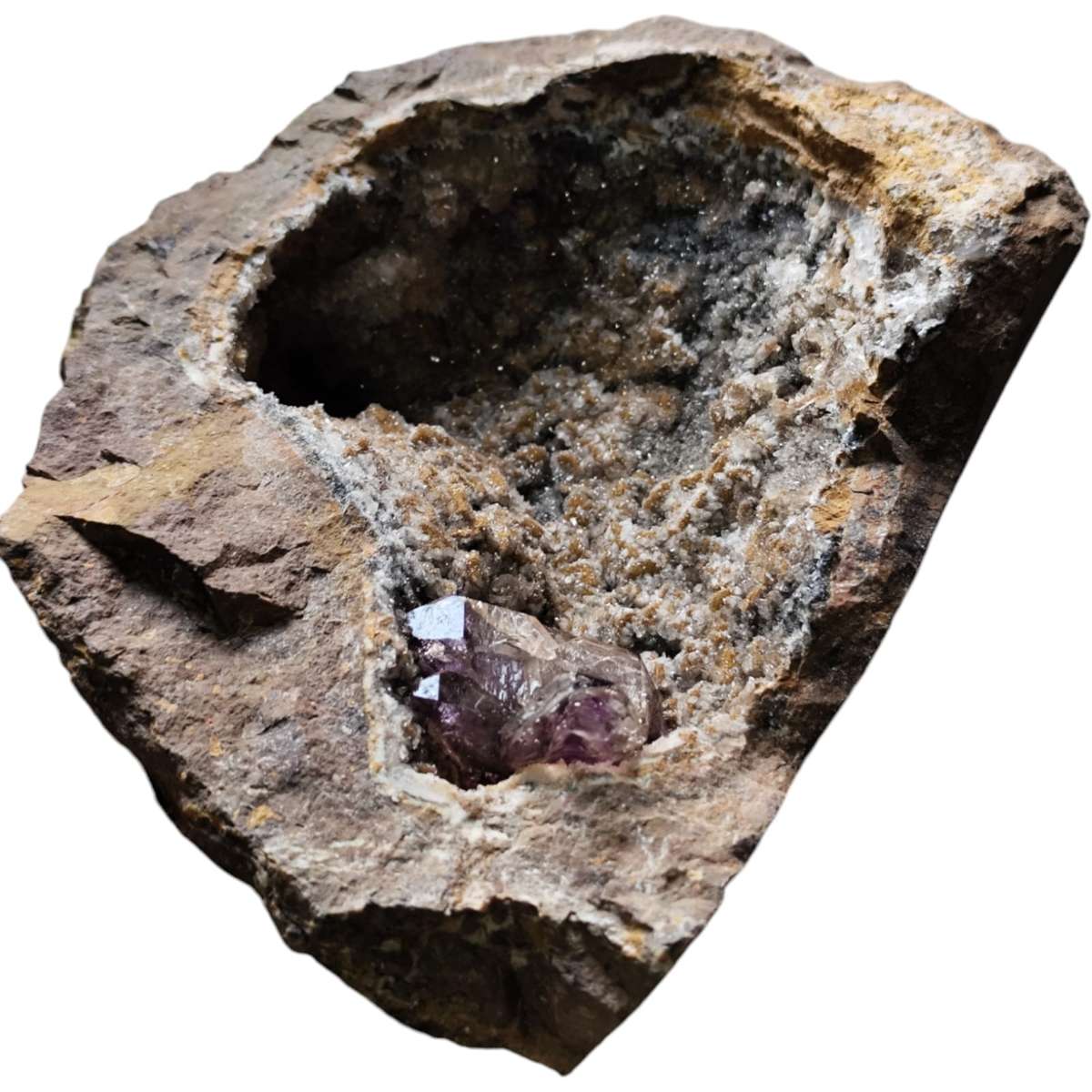 Amethyst with Calcite in a vug within Basalt matrix, Namibia, 8.5 x 14.6 x 11.5cm
