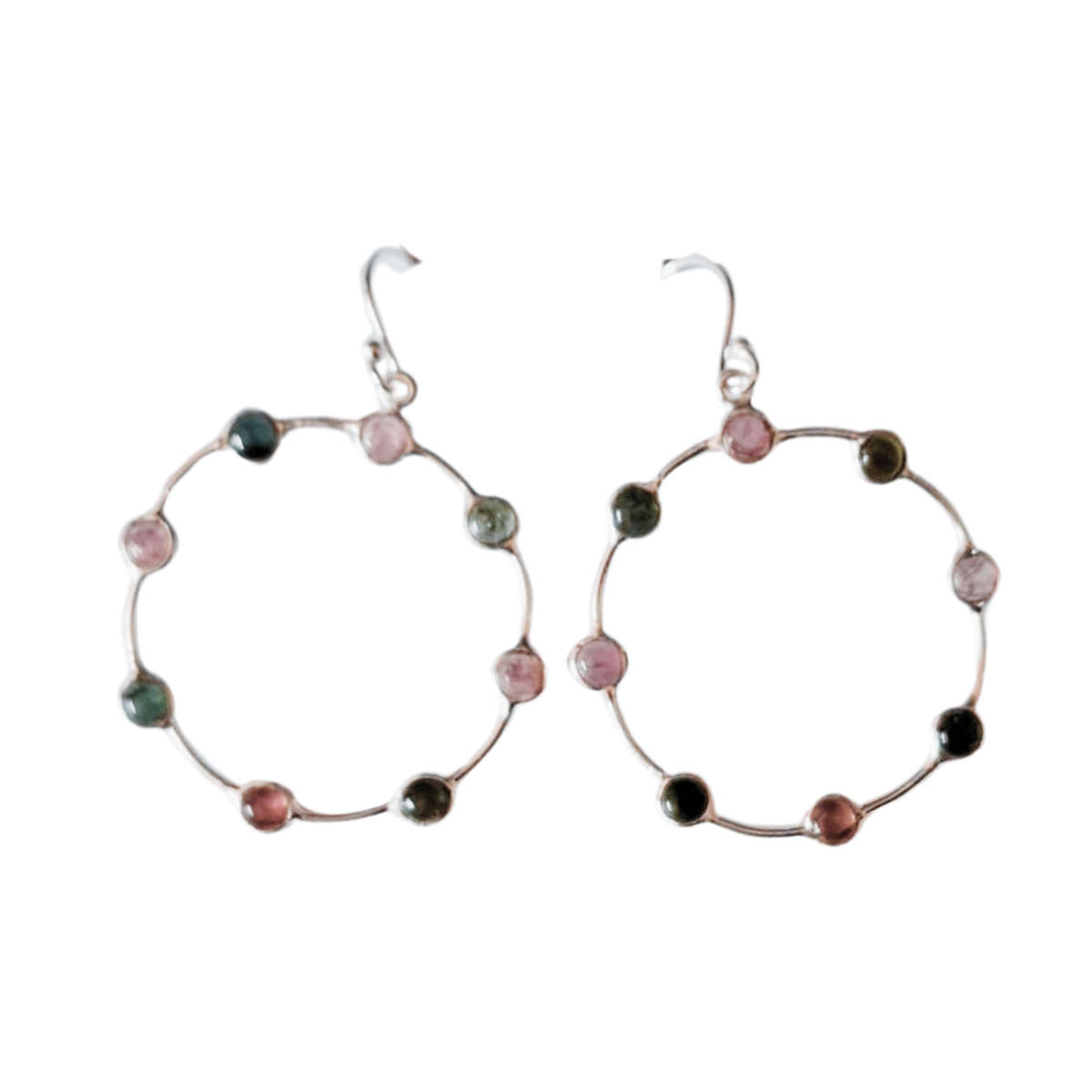 Colourful Tourmaline dangle earrings include hooks, 925 Silver, Round shape