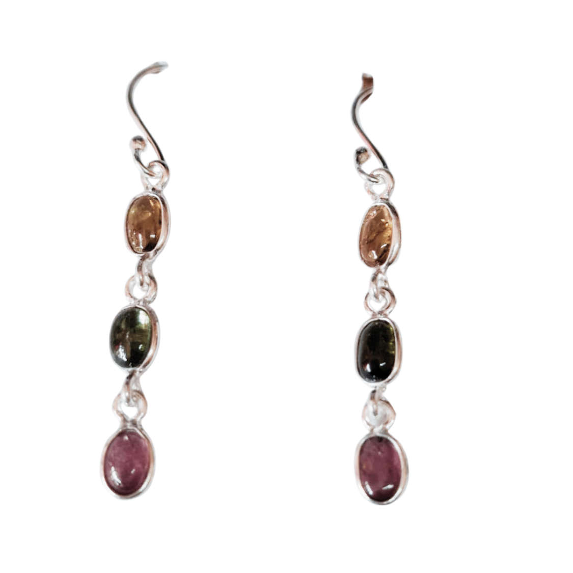Colourful Tourmaline dangle earrings include hooks, 925 Silver, Oval shape