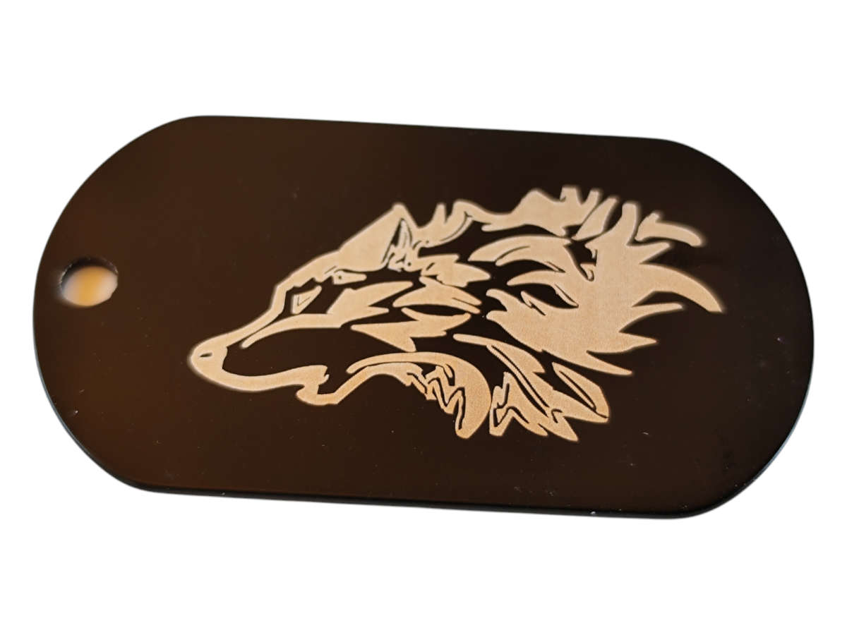 Black wolf dog tag pendant, stainless steel, 39mm