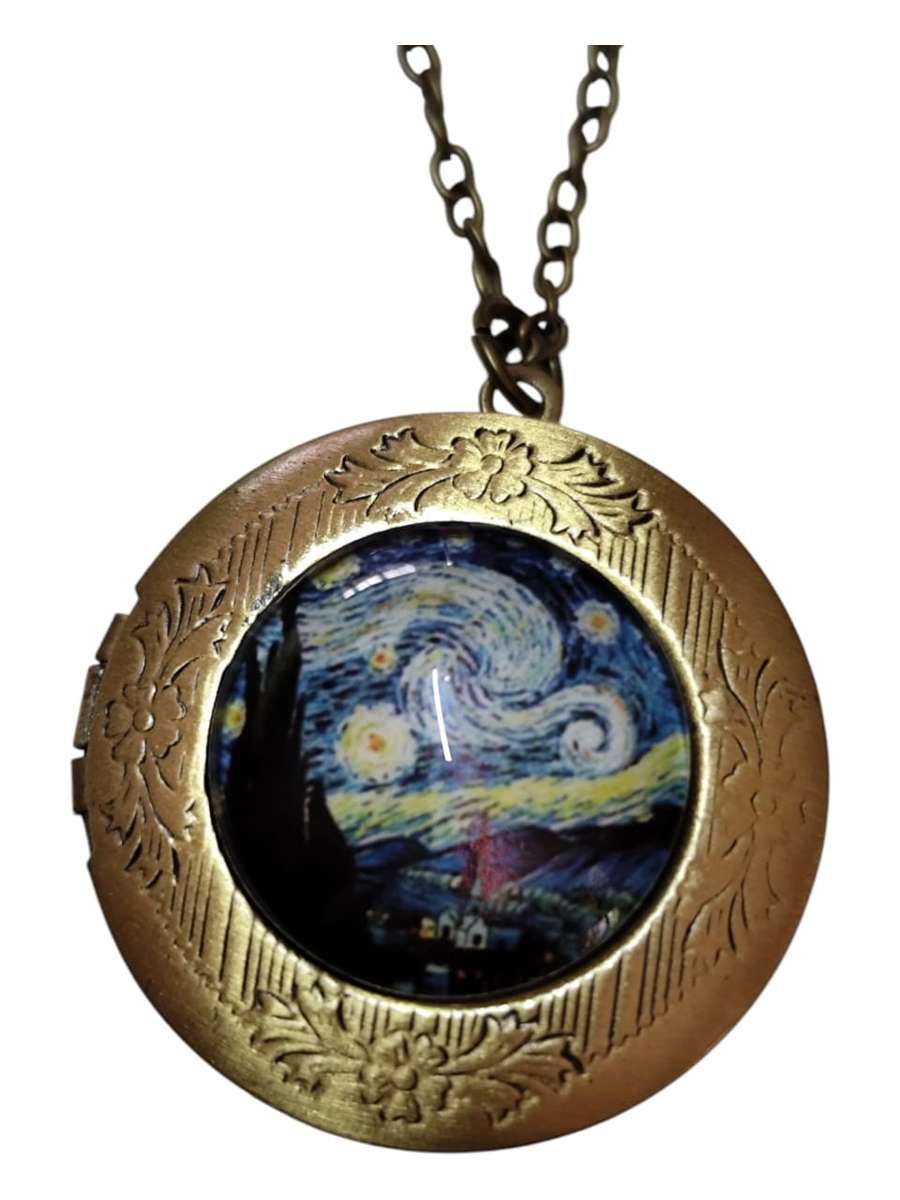 Vincent van Gogh Starry Night Bronze color locket necklace, Base metal, includes oval link chain ...