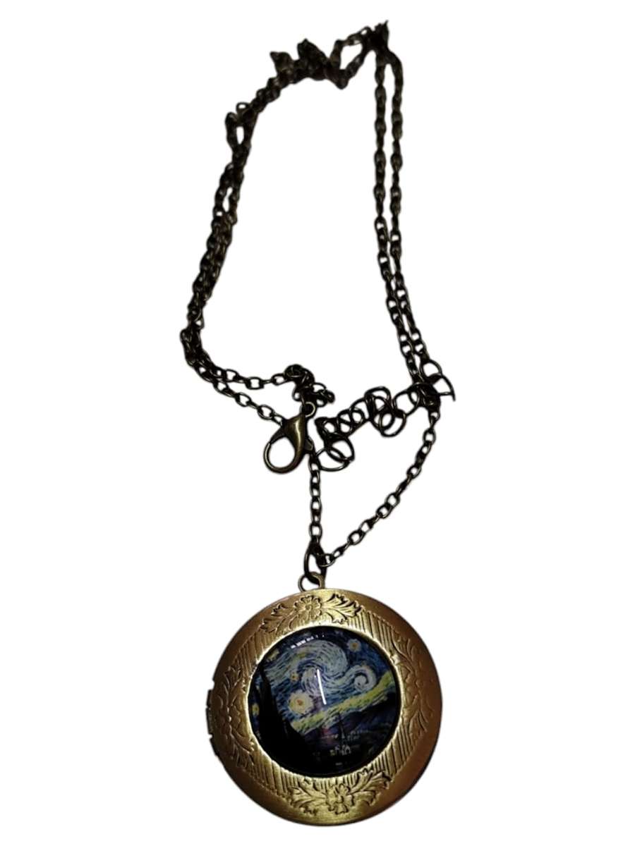 Vincent van Gogh Starry Night Bronze color locket necklace, Base metal, includes oval link chain ...