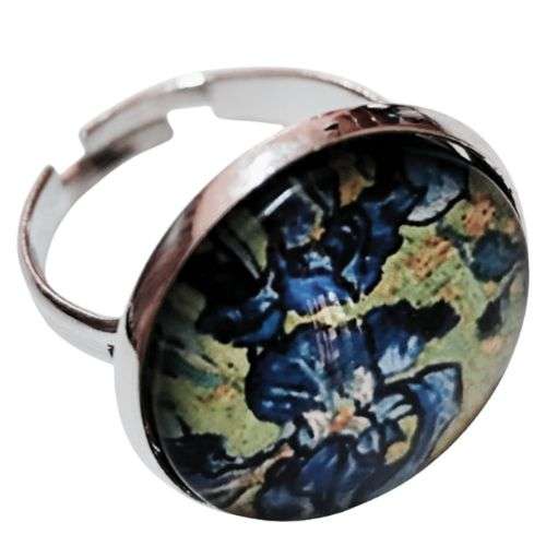 Vincent van Gogh Iris painting ring, Silver color base, stainless steel ring adjustable
