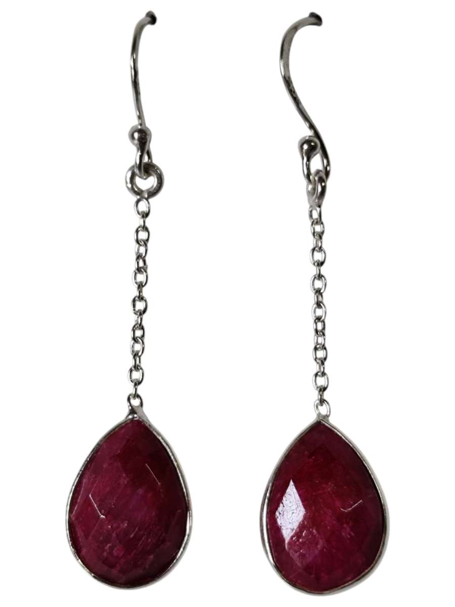Ruby facet pear cut dangle earrings, 925 Silver, 4.8cm