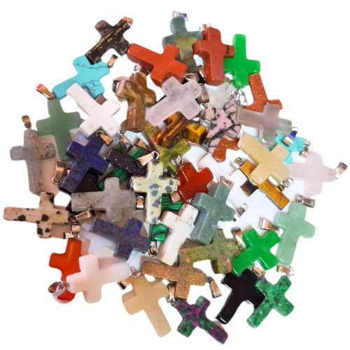 Gemstone cross pendant, assorted, 37mm incl. bail