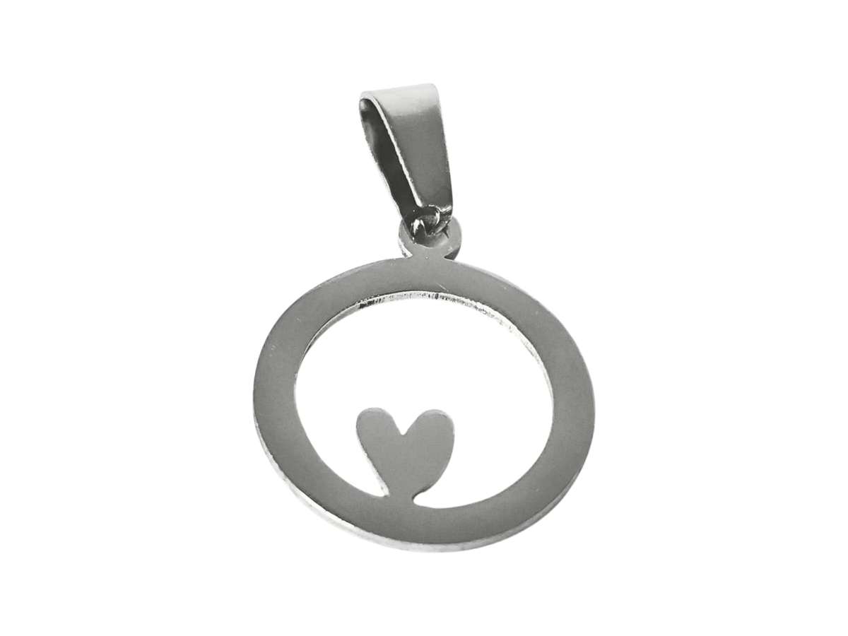 Small dainty heart in a small circle Pendant, Stainless steel, 16 x 21mm