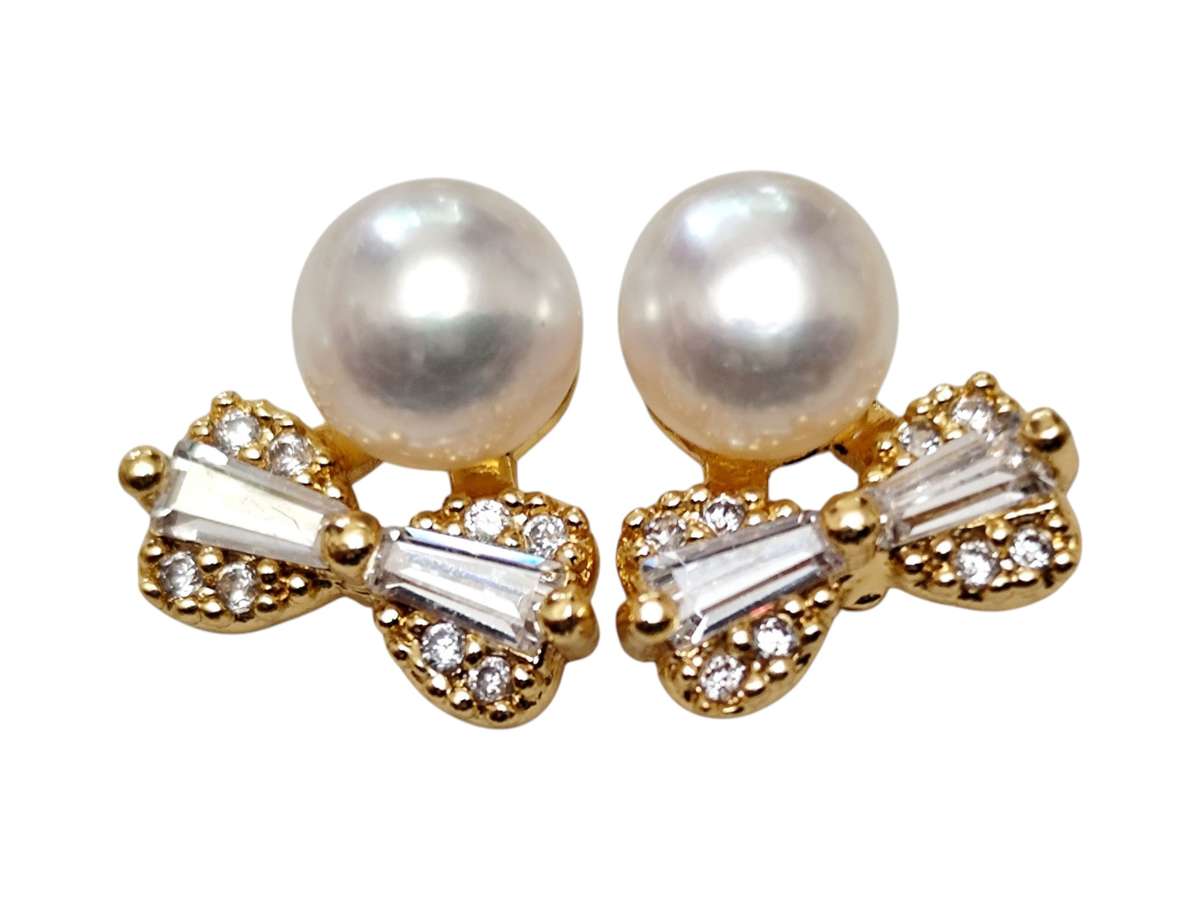 Bowtie Pearl Earrings, 7mm pearl, Gold