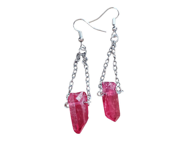 Red Aura crystal on chain earrings, aprox 7cm long