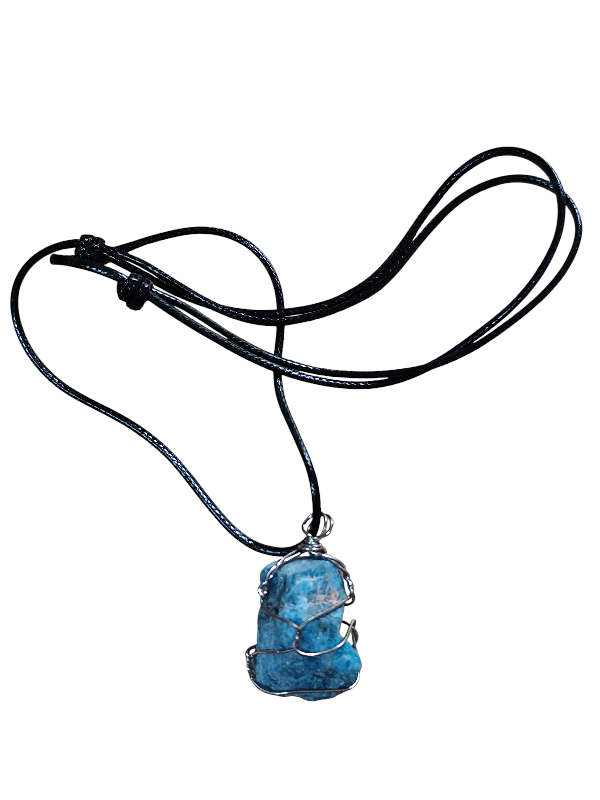 Rough wire wrapped apatite on adjustable woven string necklace
