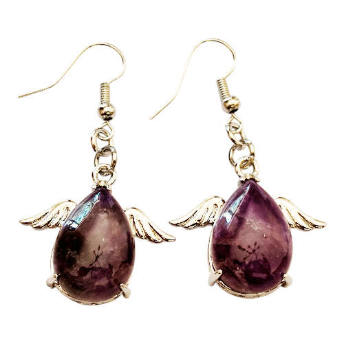 Teardrop cabochon with angel wings earrings with different stones
