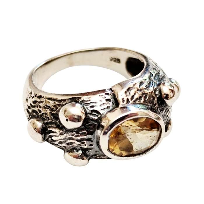 Citrine oval cut rustic ring in 925 silver, size 7