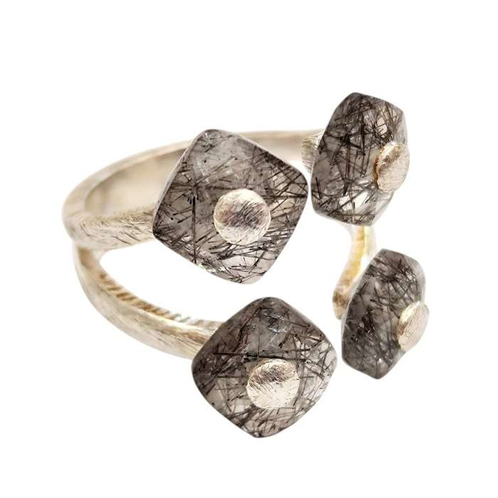 Faceted Tourmalated quartz statement ring in 925 silver, size 7