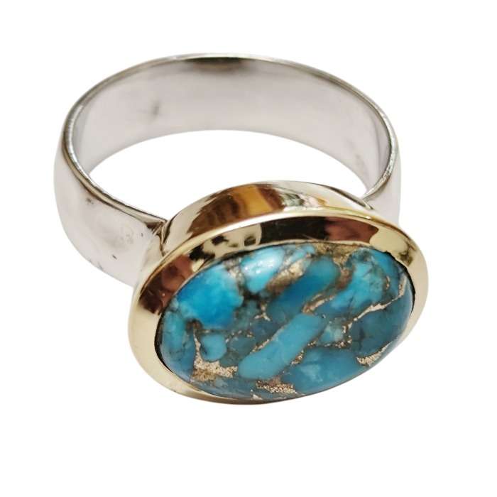 Oval cut cabochon Turquoise ring with bezel setting set in 925 silver, size 7