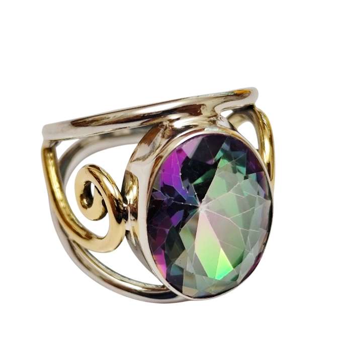 Mystic Topaz oval cut stone solitaire ring set in 925 silver, size 7