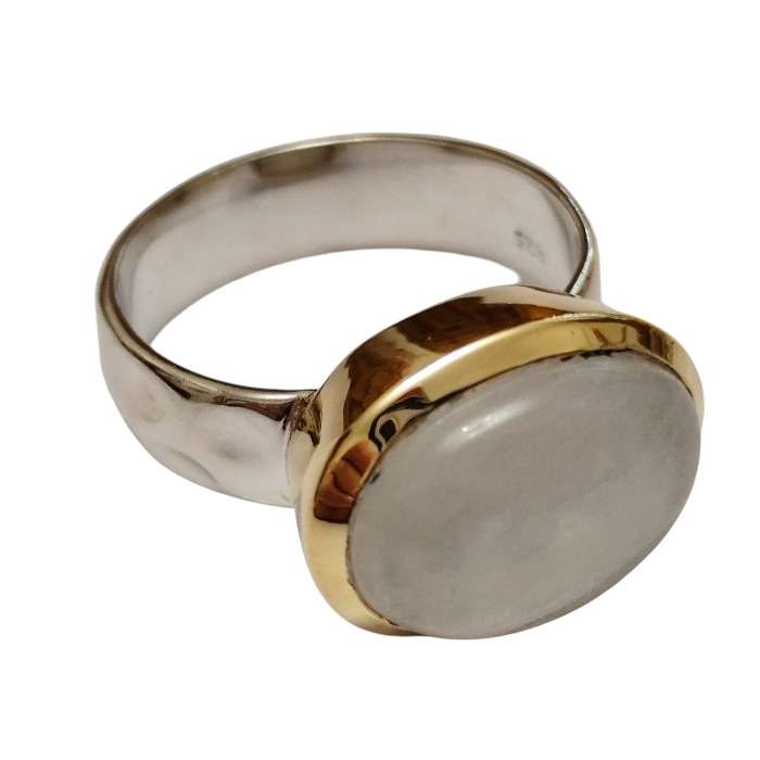 Oval cut cabochon Moonstone ring with bezel setting set in 925 silver, size 7