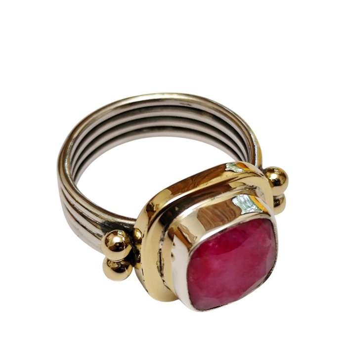 Ruby Cushion cut cocktail ring with bezel setting set in 925 silver, size 7