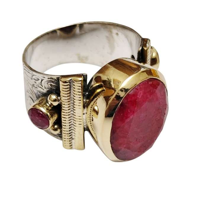 Oval cut Ruby with two small round cut Rubies  ring with bezel setting set in 925 silver, size 7