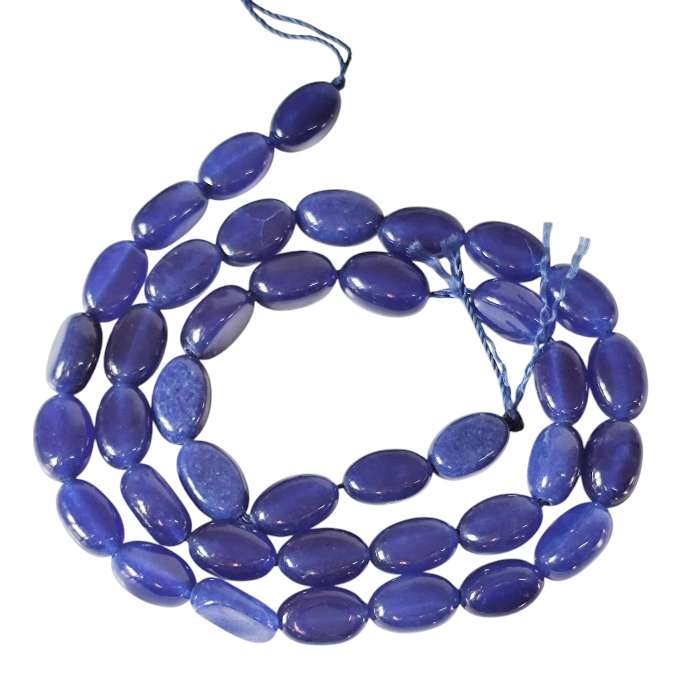 Sapphire colour jadeite smooth oval shaped bead strand, 9 x 6.2mm, 37.5cm