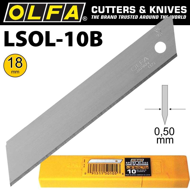 OLFA BLADES 18MM NON SEGMENTED SOLID 10PKBLA LB-SOL-10