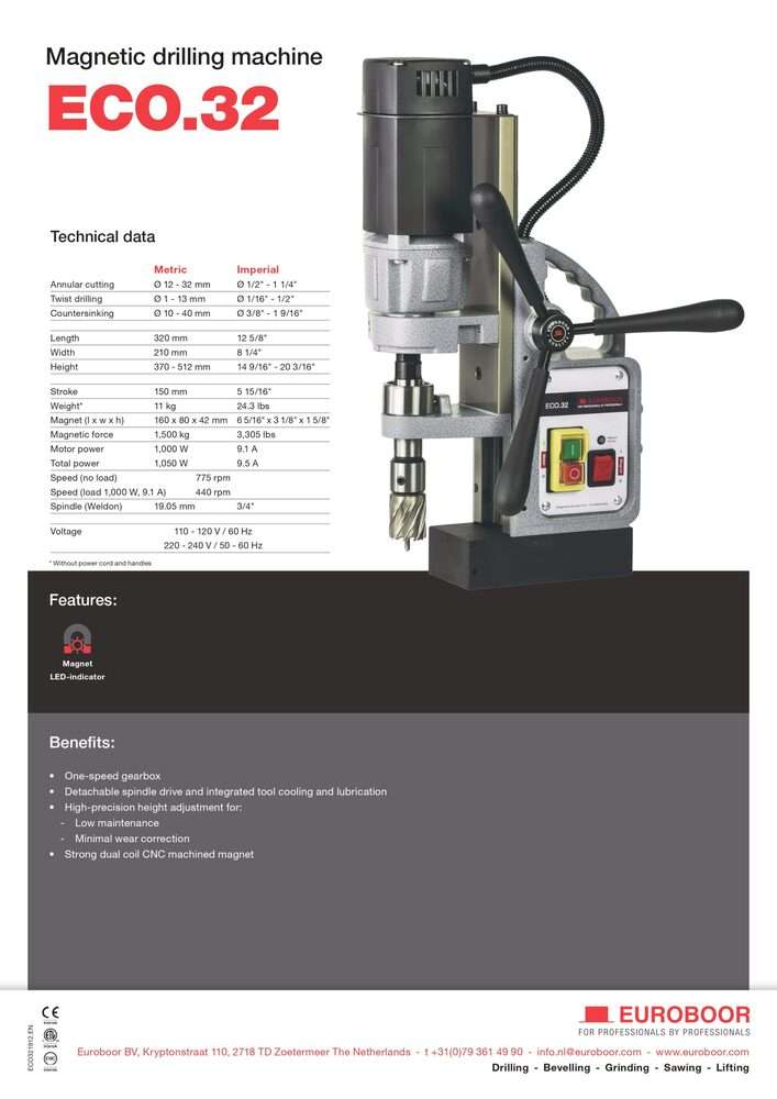 EUROBOOR MAGNETIC DRILL 32MM 1000W 11KG   HTC-ECO32