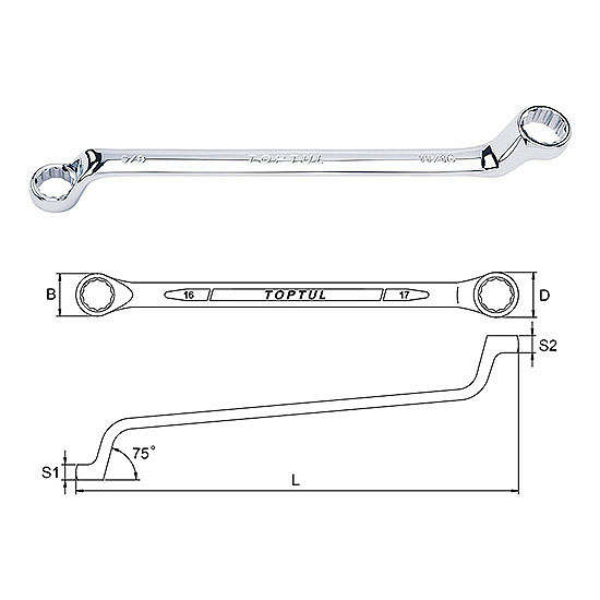 TOPTUL - 15/16 x 1 DOUBLE RING WRENCH 75 DEG OFFSET        ACAI3032