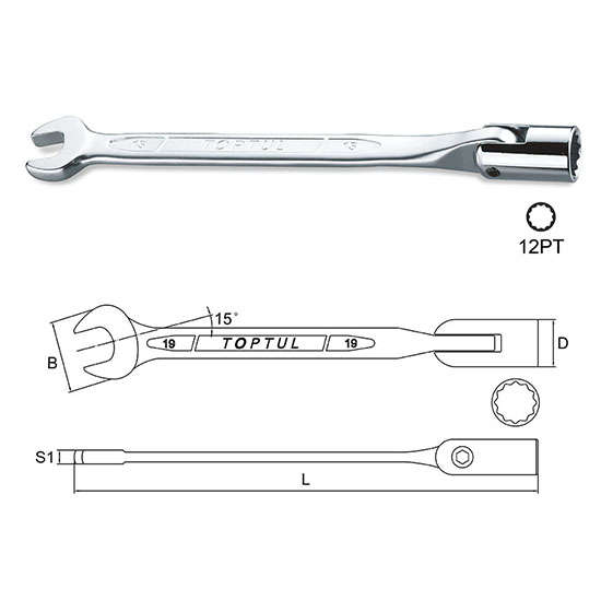 *CLEARANCE SALE* TOPTUL - 15 MM SWIVEL SOCKET COMBO WRENCH        AEEB1515