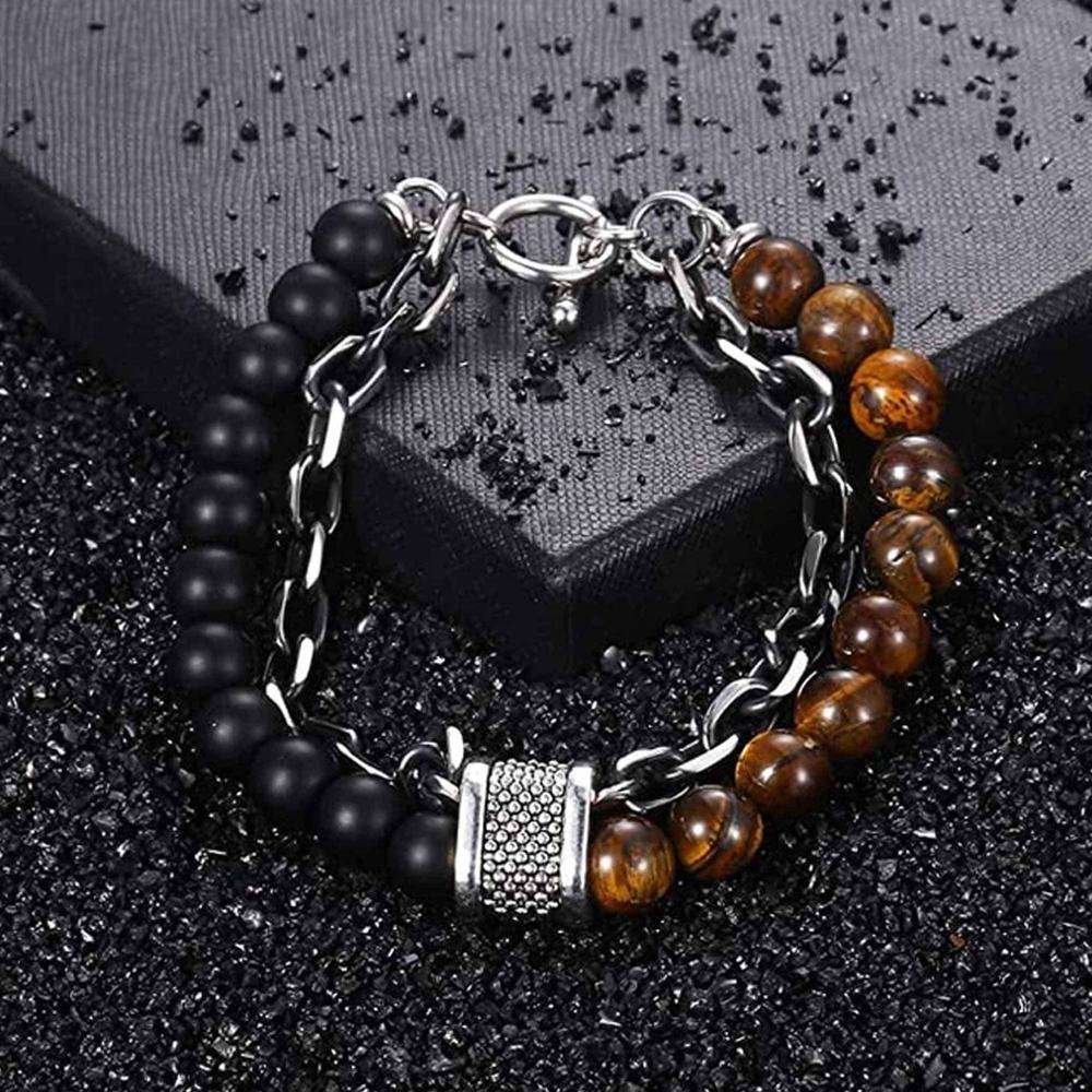 Killer Deals Tiger's Eye Crystal Bead & Stainless Steel Chain Bracelet-L/XL